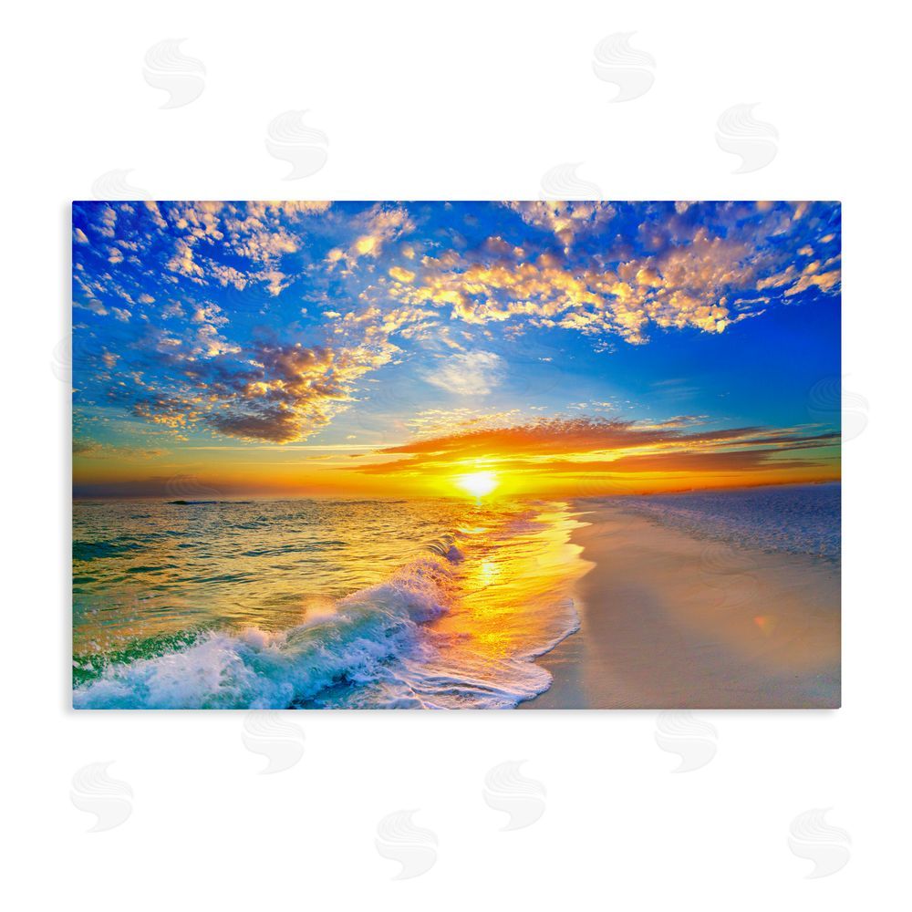 Eszra Tanner Golden Sunset Beach Blue Sky Stretched Canvas Wall Art
