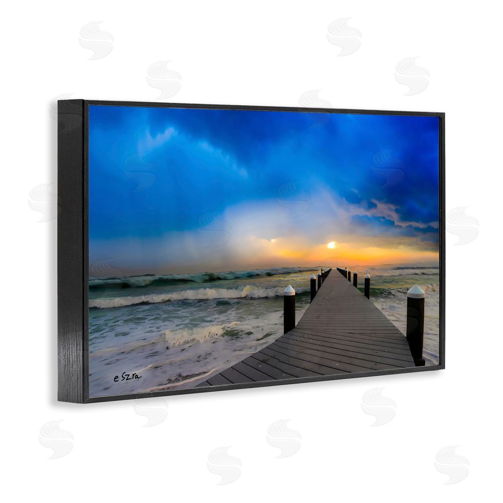 Eszra Tanner Sun Breaking Over Sea Pier Black Framed Giclee Wall Art Print