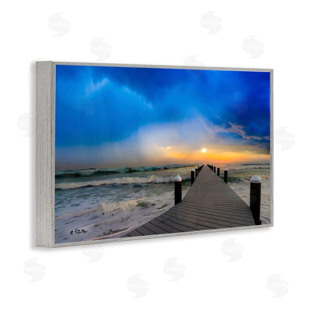 Eszra Tanner Sun Breaking Over Sea Pier Gray Framed Giclee Wall Art Print