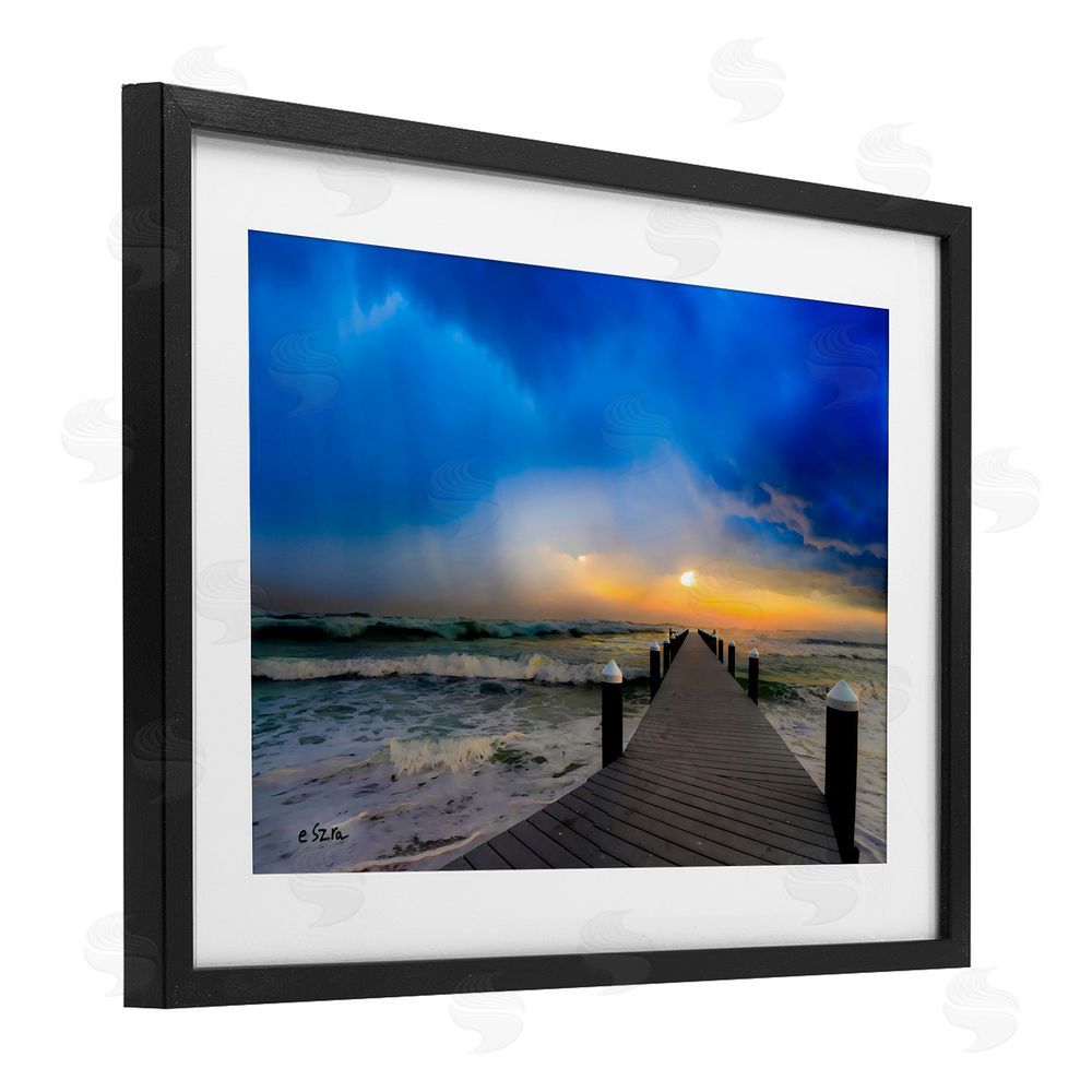 Eszra Tanner Sun Breaking Over Sea Pier Black Framed Print Under Glass with White Mat Wall Art