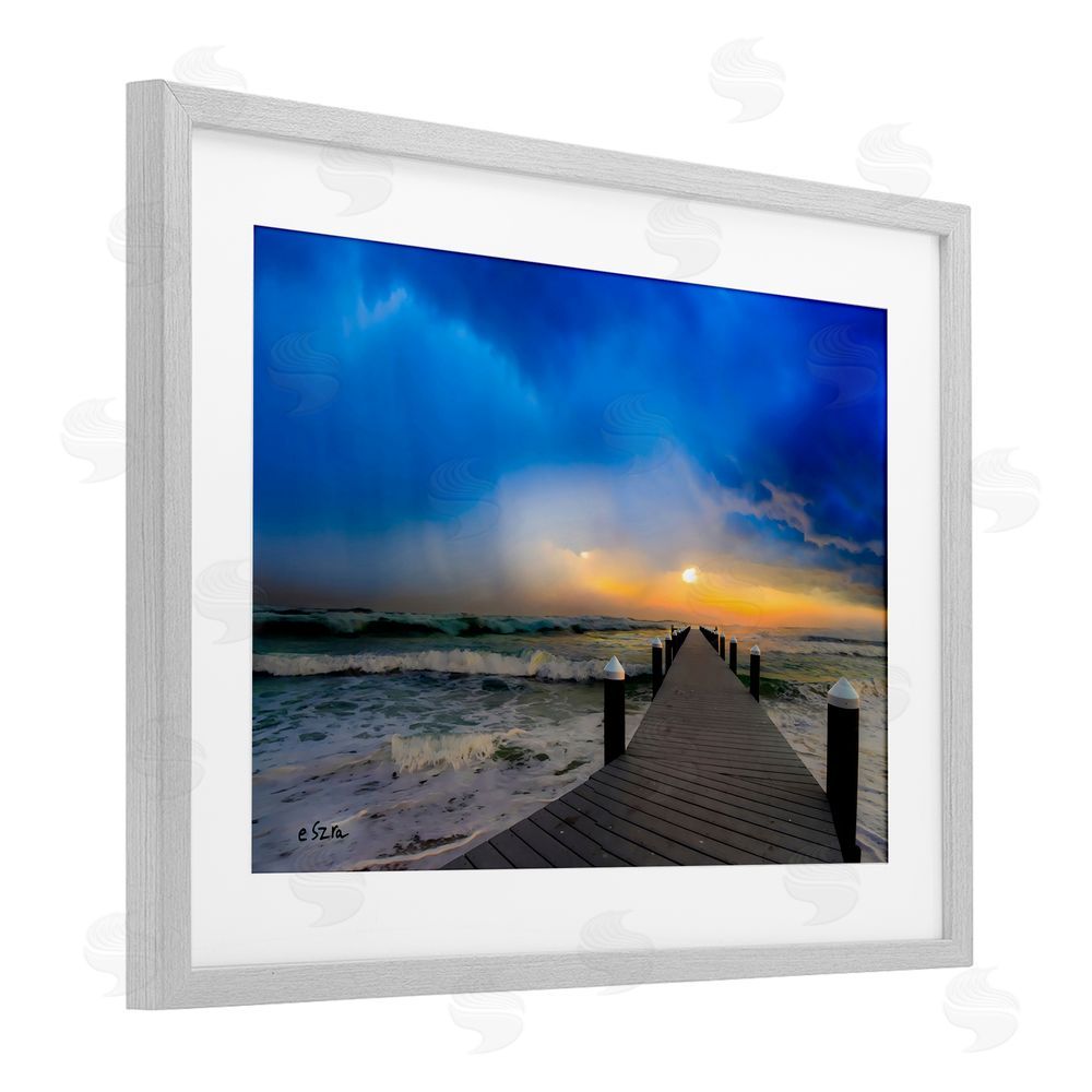 Eszra Tanner Sun Breaking Over Sea Pier Gray Framed Print Under Glass with White Mat Wall Art