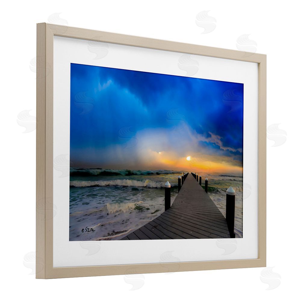 Eszra Tanner Sun Breaking Over Sea Pier Brown Framed Print Under Glass with White Mat Wall Art