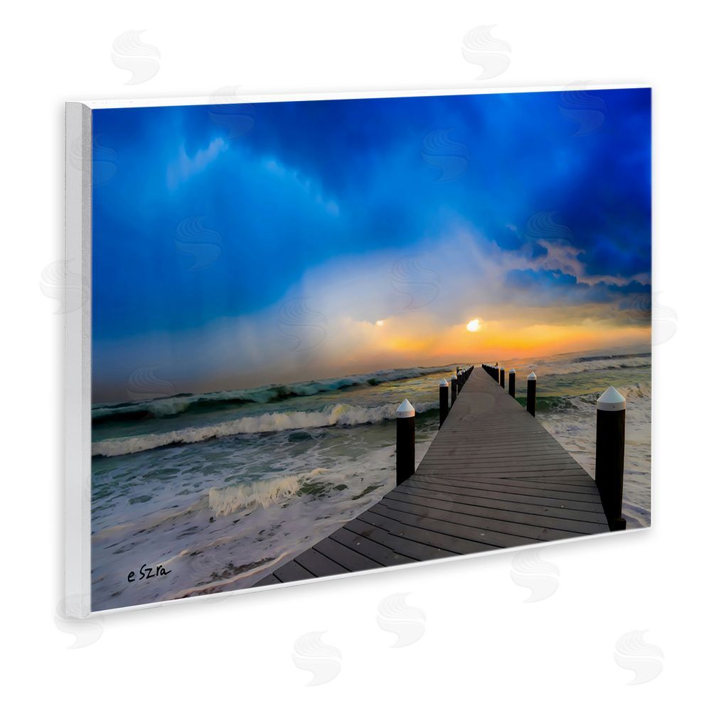 Eszra Tanner Sun Breaking Over Sea Pier Wall Plaque Printed Art