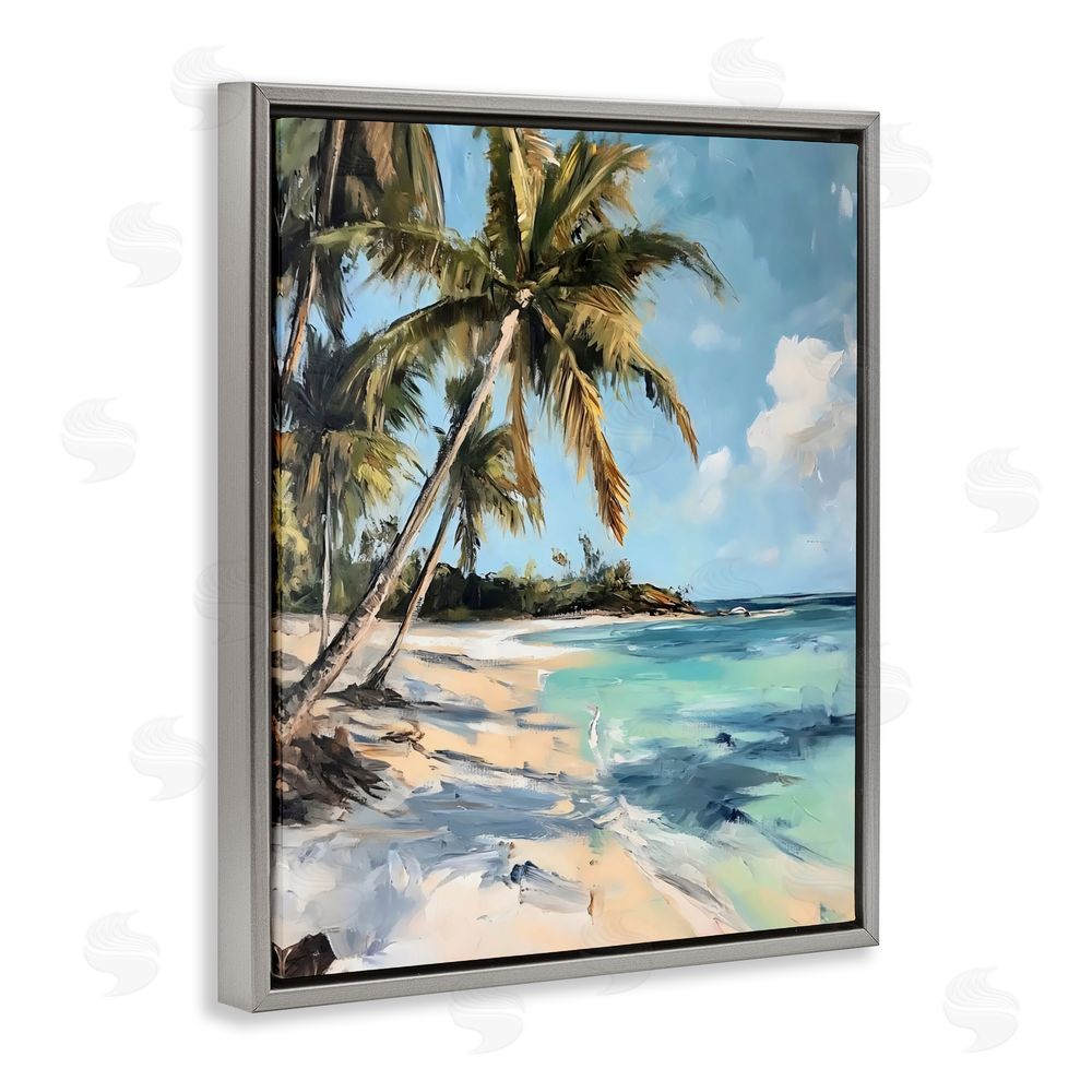 Franklyn Gregory Tropical Coastline Palm Frond Shadows Gray Floating Framed Canvas Wall Art Print