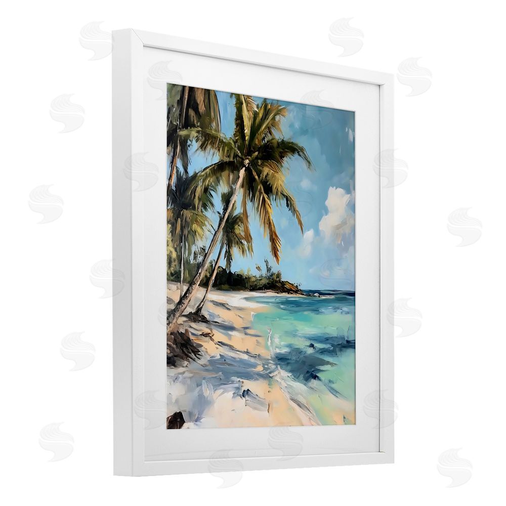 Franklyn Gregory Tropical Coastline Palm Frond Shadows White Framed Print Under Glass with White Mat Wall Art