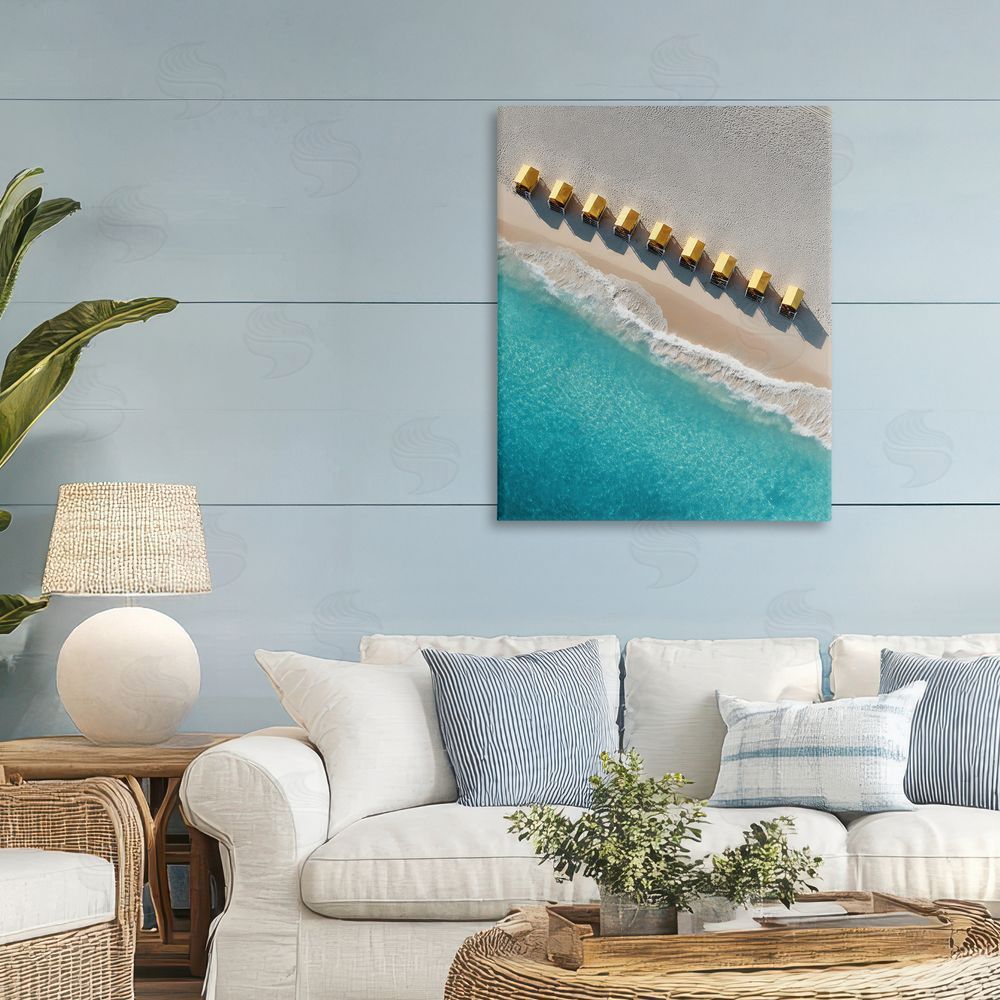 Franklyn Gregory Yellow Cabanas Along Shore Stretched Canvas on Wall
