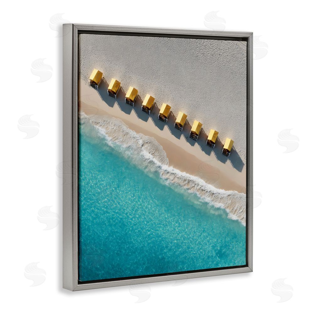 Franklyn Gregory Yellow Cabanas Along Shore Gray Floating Framed Canvas Wall Art Print
