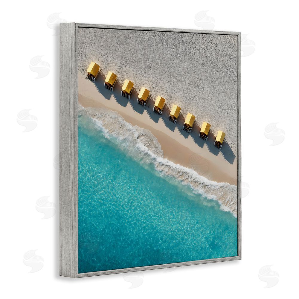 Franklyn Gregory Yellow Cabanas Along Shore Gray Framed Giclee Wall Art Print