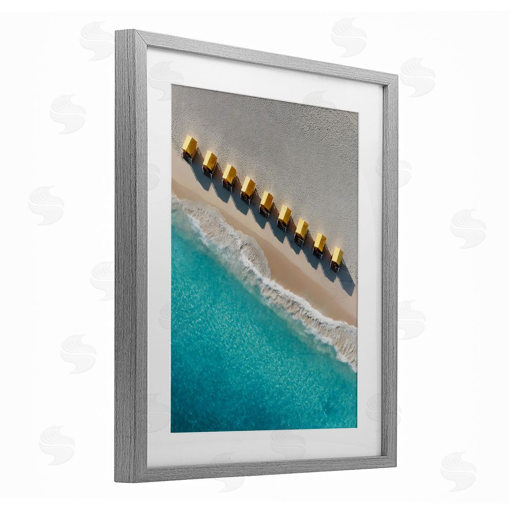 Franklyn Gregory Yellow Cabanas Along Shore Gray Framed Print Under Glass with White Mat Wall Art