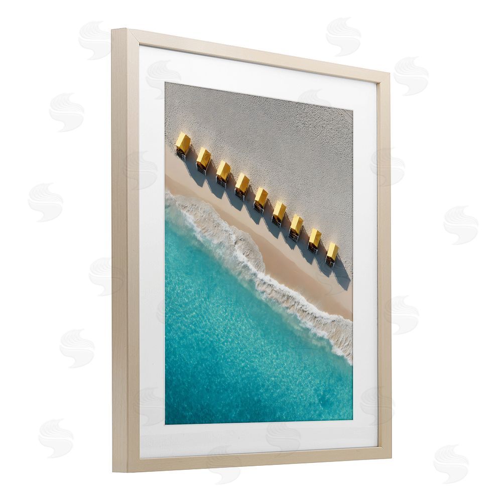 Franklyn Gregory Yellow Cabanas Along Shore Brown Framed Print Under Glass with White Mat Wall Art