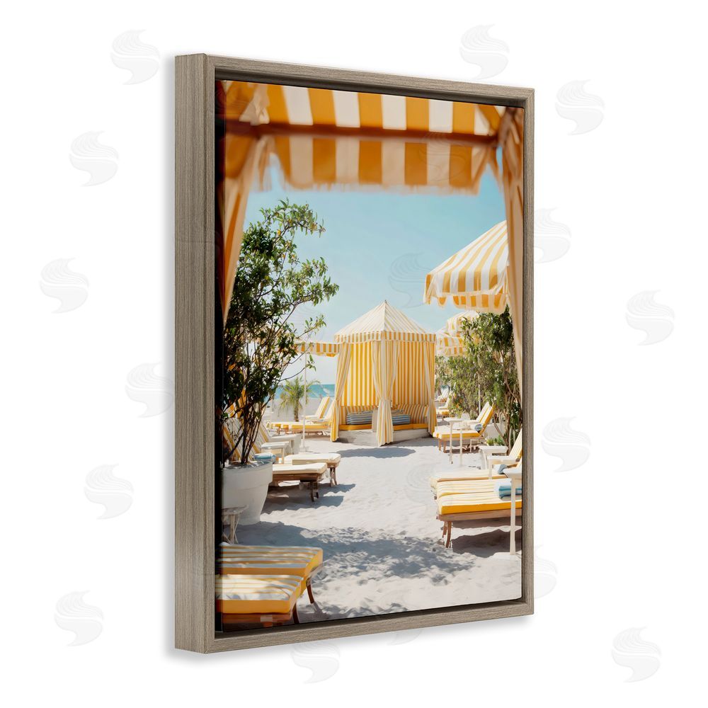 Franklyn Gregory Yellow Striped Beach Cabanas Brown Floating Framed Canvas Wall Art Print
