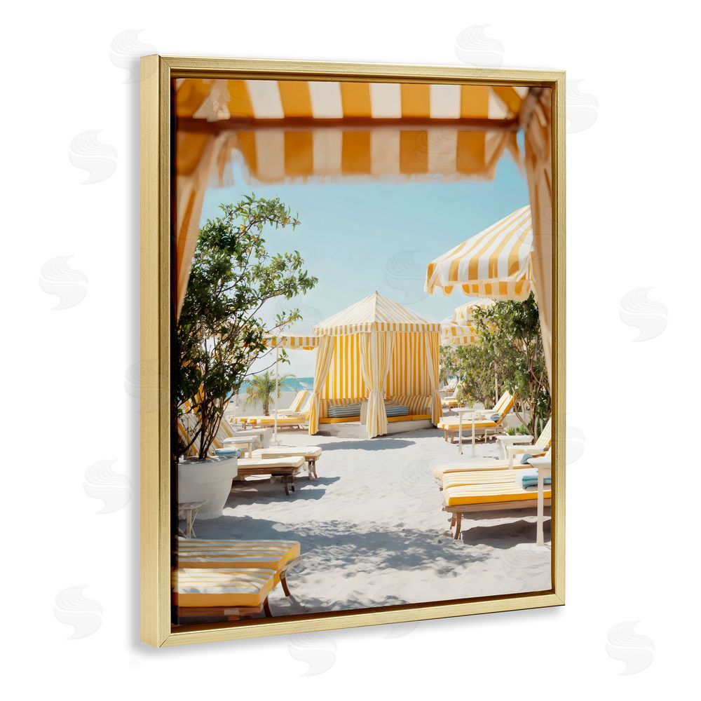 Franklyn Gregory Yellow Striped Beach Cabanas Gold Floating Framed Canvas Wall Art Print