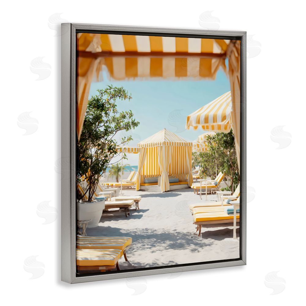 Franklyn Gregory Yellow Striped Beach Cabanas Gray Floating Framed Canvas Wall Art Print