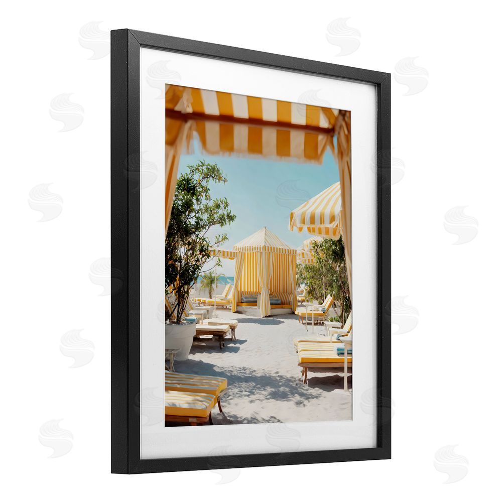 Franklyn Gregory Yellow Striped Beach Cabanas Black Framed Print Under Glass with White Mat Wall Art