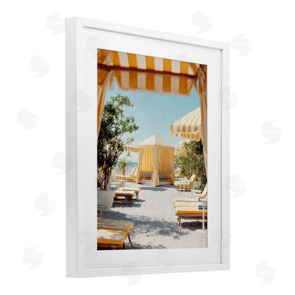 Franklyn Gregory Yellow Striped Beach Cabanas White Framed Print Under Glass with White Mat Wall Art