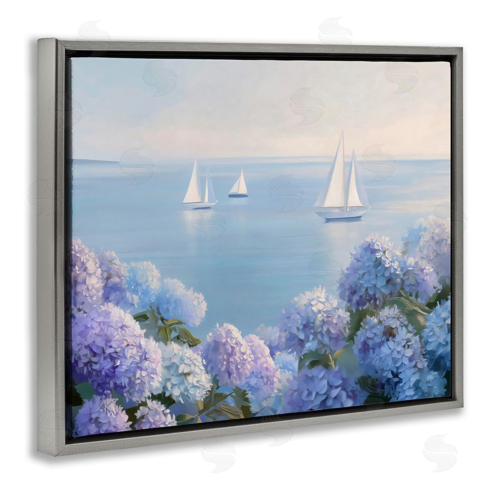 LSR Design Studio Sailboats & Hydrangeas at Sea Gray Floating Framed Canvas Wall Art Print