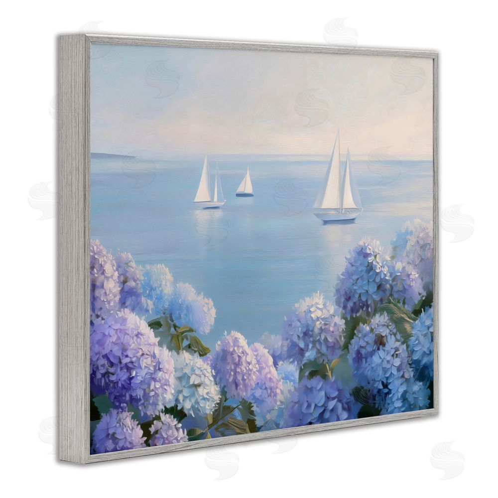 LSR Design Studio Sailboats & Hydrangeas at Sea Gray Framed Giclee Wall Art Print