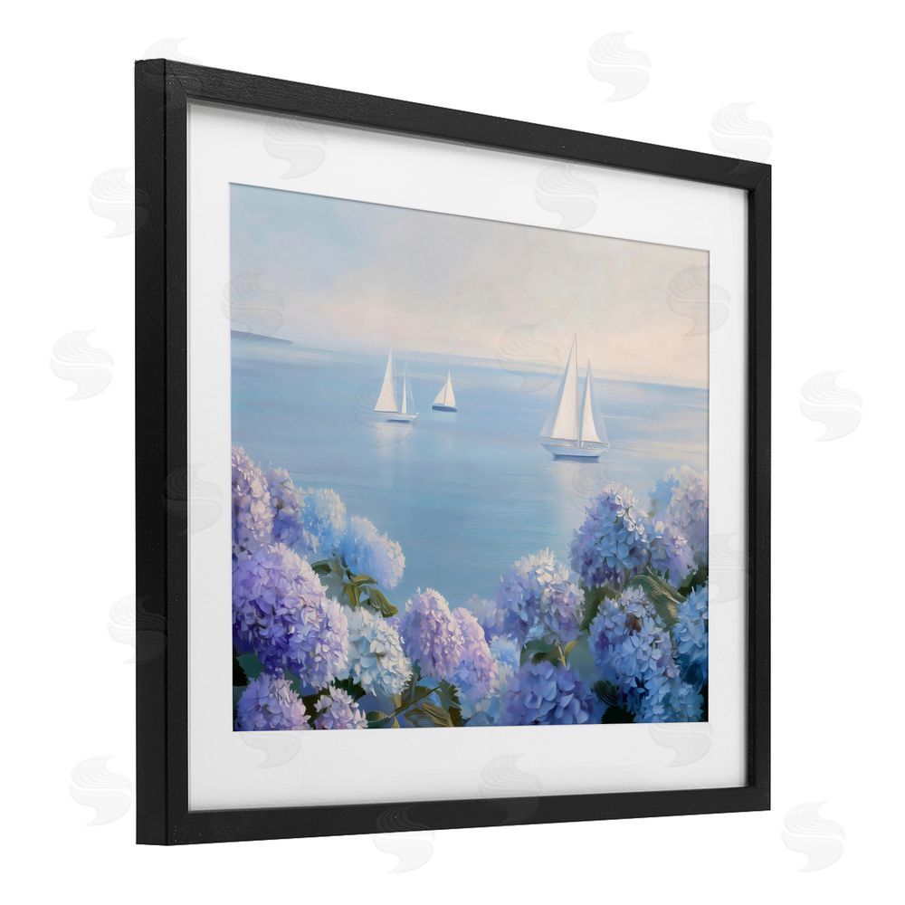 LSR Design Studio Sailboats & Hydrangeas at Sea Black Framed Print Under Glass with White Mat Wall Art