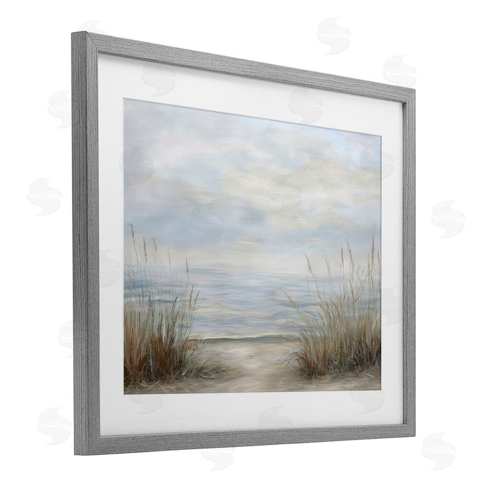 Petal Prints Design Silent Beach with Seaside Dunes Gray Framed Print Under Glass with White Mat Wall Art