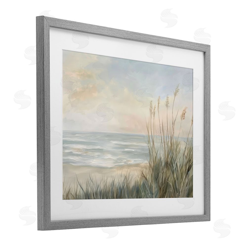 Petal Prints Design Scenic Beach Dunes at Dawn Gray Framed Print Under Glass with White Mat Wall Art