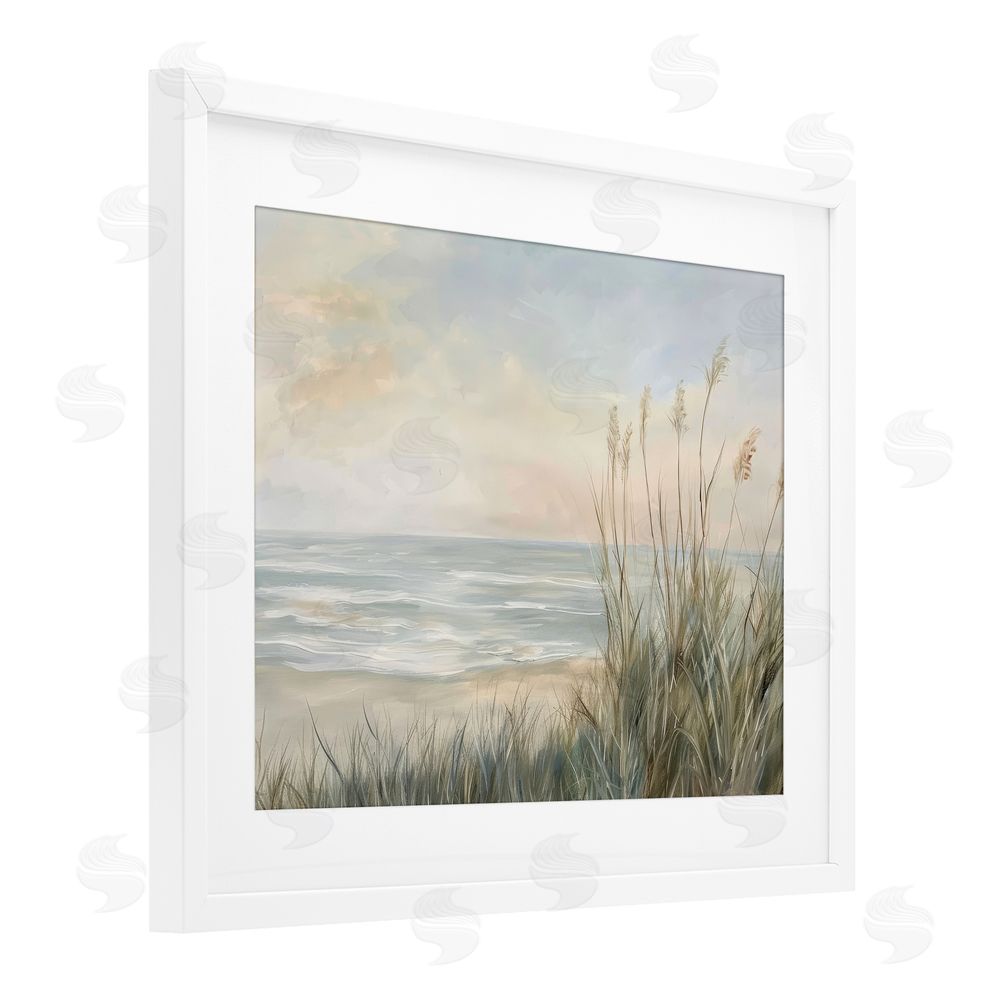 Petal Prints Design Scenic Beach Dunes at Dawn White Framed Print Under Glass with White Mat Wall Art