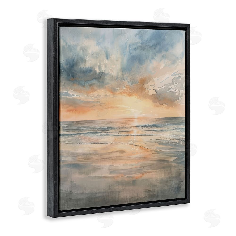 Petal Prints Design Coastal Sunset over Gentle Waves Black Floating Frame Canvas Wall Art Print