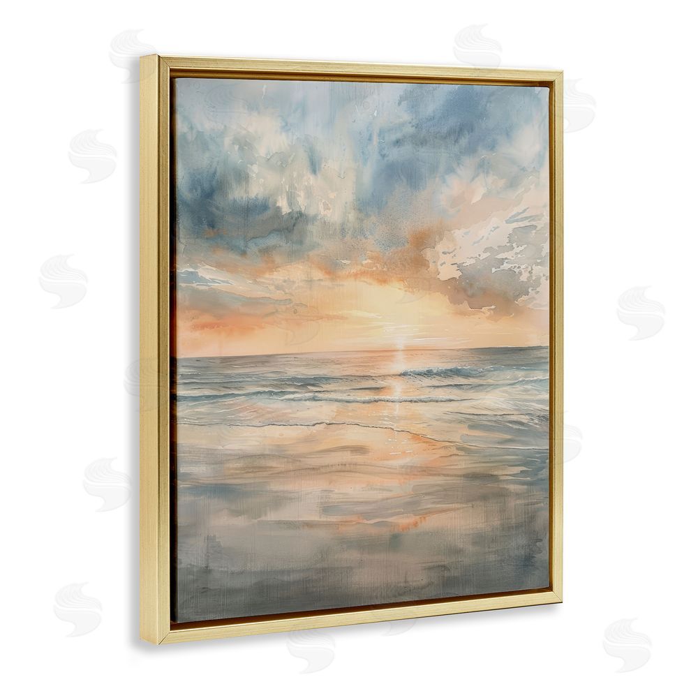 Petal Prints Design Coastal Sunset over Gentle Waves Gold Floating Frame Canvas Wall Art Print