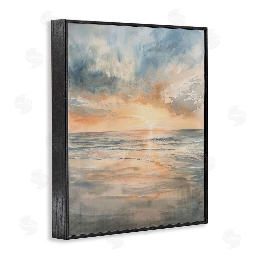 Petal Prints Design Coastal Sunset over Gentle Waves Black Framed Giclee Wall Art Print