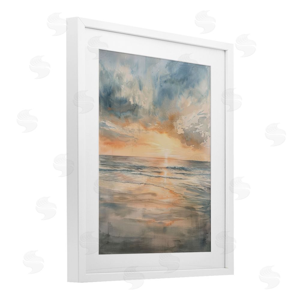 Petal Prints Design Coastal Sunset over Gentle Waves White Framed Print Under Glass Wall Art