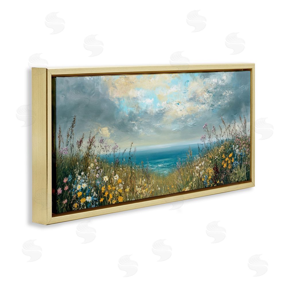 Petal Prints Design Scenic Coastal Flowers In Bloom Gold Floating Framed Canvas Wall Art Print