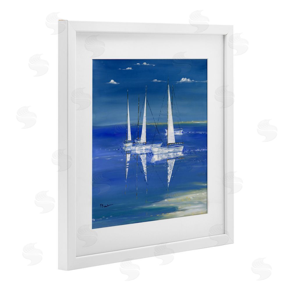 Paul Brent Serenity Sailboats Reflected on Water White Framed Print Under Glass with White Mat Wall Art