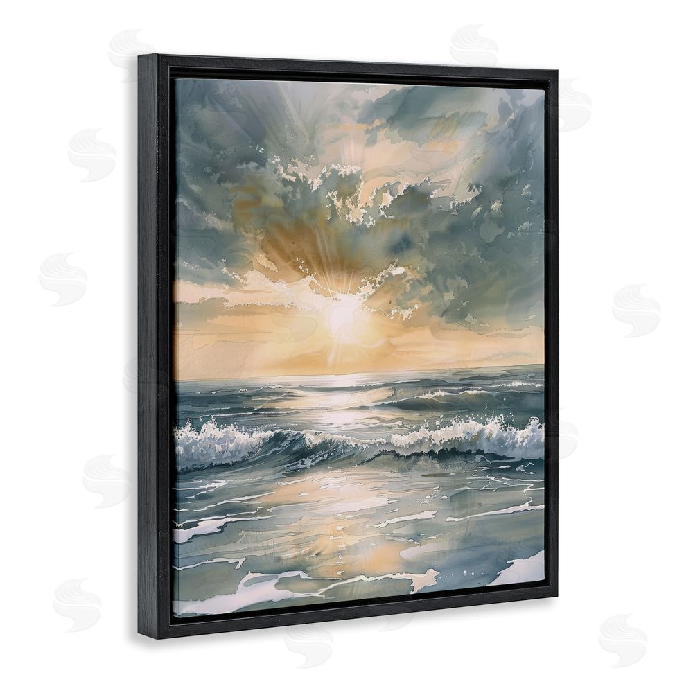 Petal Prints Design Sunlit Waves Golden Reflection Black Floating Framed Canvas Wall Art Print