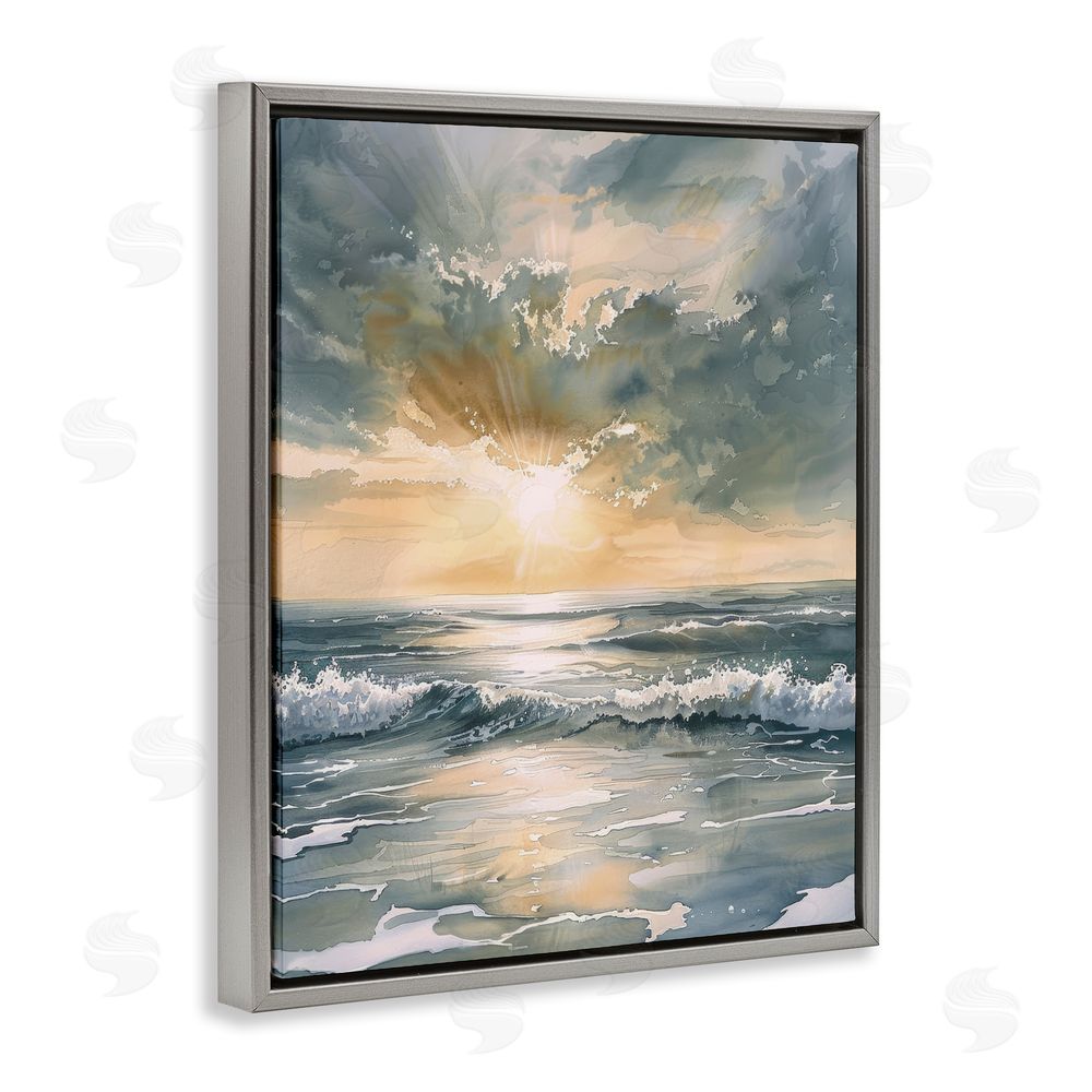 Petal Prints Design Sunlit Waves Golden Reflection Gray Floating Framed Canvas Wall Art Print