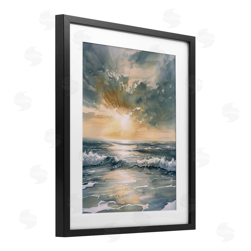 Petal Prints Design Sunlit Waves Golden Reflection Black Framed Print Under Glass with White Mat Wall Art