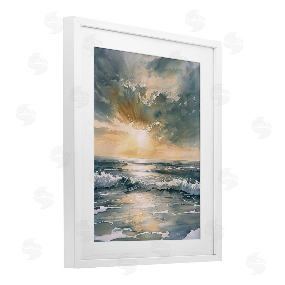 Petal Prints Design Sunlit Waves Golden Reflection White Framed Print Under Glass with White Mat Wall Art