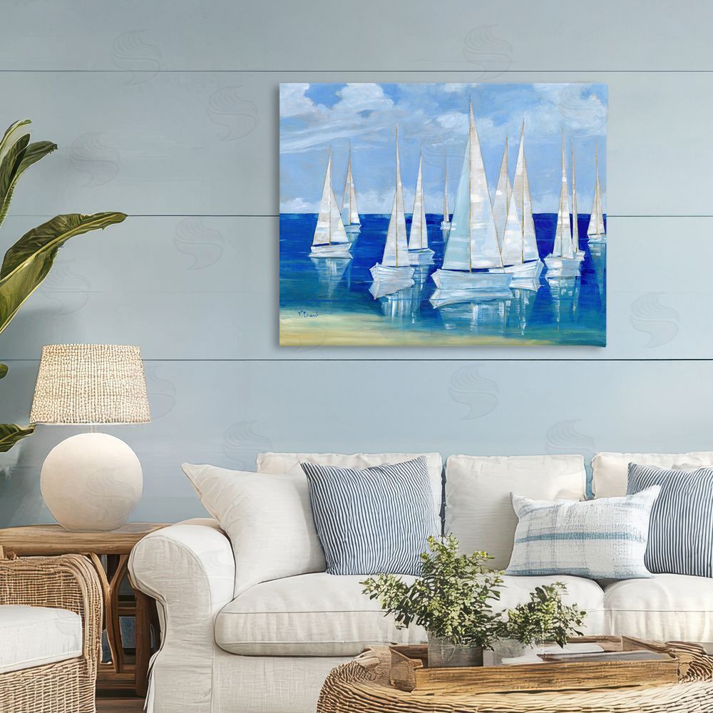 Paul Brent Blanco Beach Sailboats Stretched Canvas Wall Art Print in Room