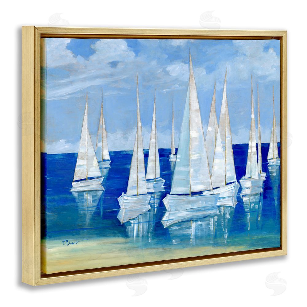 Paul Brent Blanco Beach Sailboats Gold Floating Frame Stretched Canvas Wall Art Print