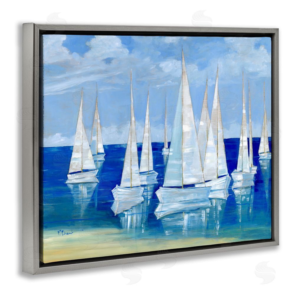 Paul Brent Blanco Beach Sailboats Gray Floating Frame Stretched Canvas Wall Art Print