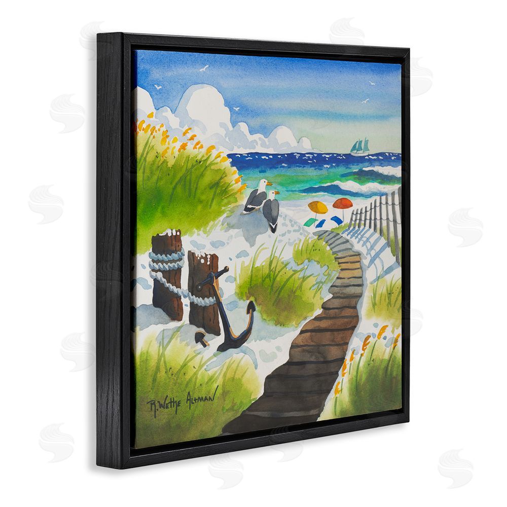 Robin Altman Seagull & Anchor on Shore Black Floating Framed Canvas Wall Art Print