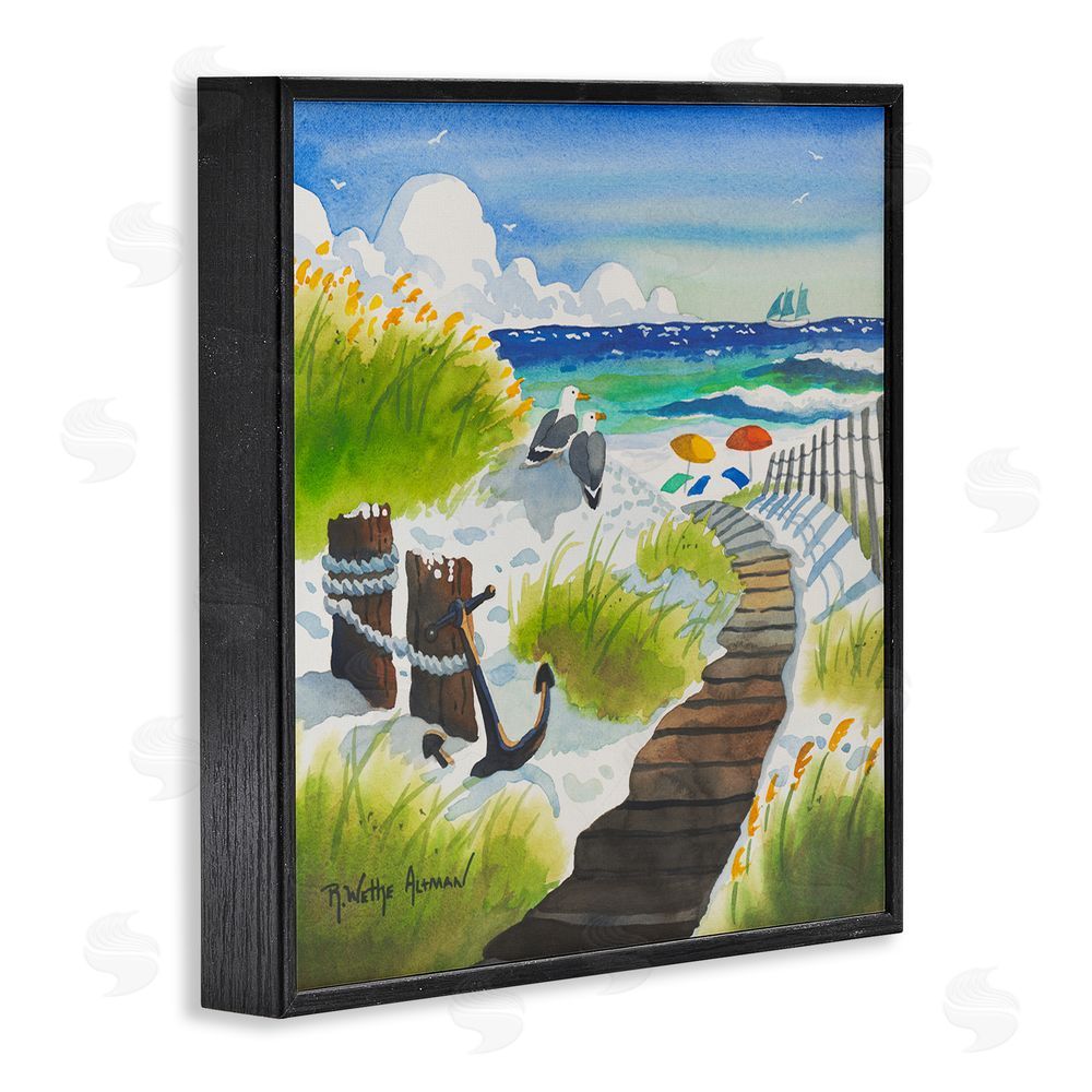 Robin Altman Seagull & Anchor on Shore Black Framed Giclee Wall Art Print