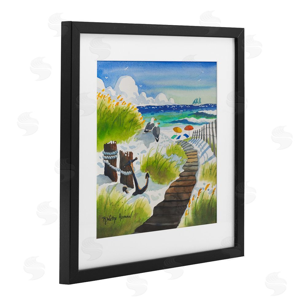 Robin Altman Seagull & Anchor on Shore Black Framed Print Under Glass with White Mat Wall Art