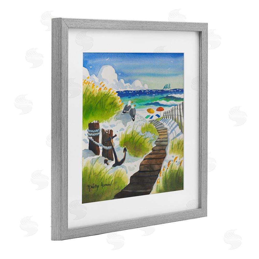 Robin Altman Seagull & Anchor on Shore Gray Framed Print Under Glass with White Mat Wall Art