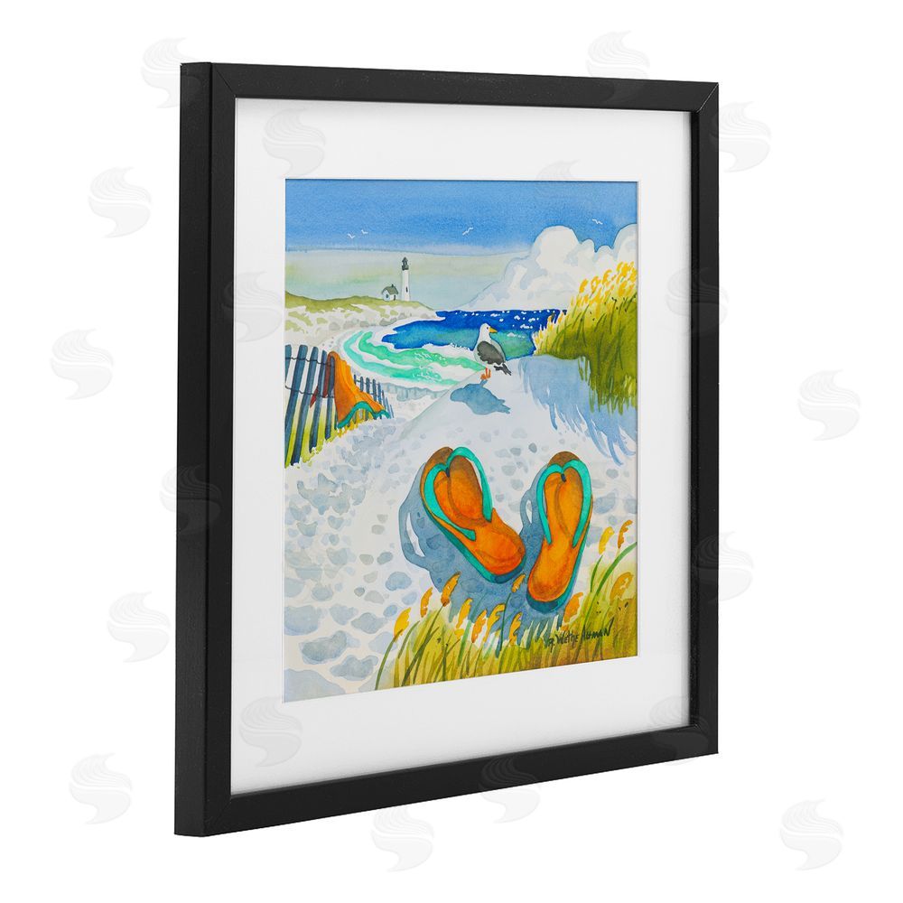 Robin Altman Seagull & Flip Flops Black Framed Print Under Glass with White Mat Wall Art