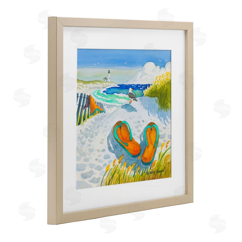 Robin Altman Seagull & Flip Flops Brown Framed Print Under Glass with White Mat Wall Art