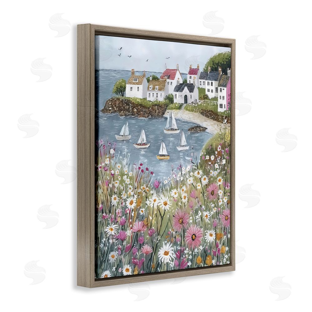 Riley B Seaside Sailboats in Village Bay Brown Floating Framed Canvas Wall Art Print