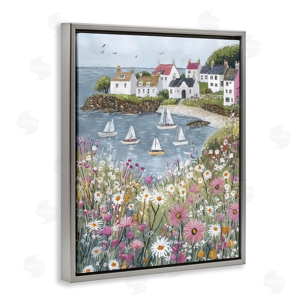 Riley B Seaside Sailboats in Village Bay Gray Floating Framed Canvas Wall Art Print
