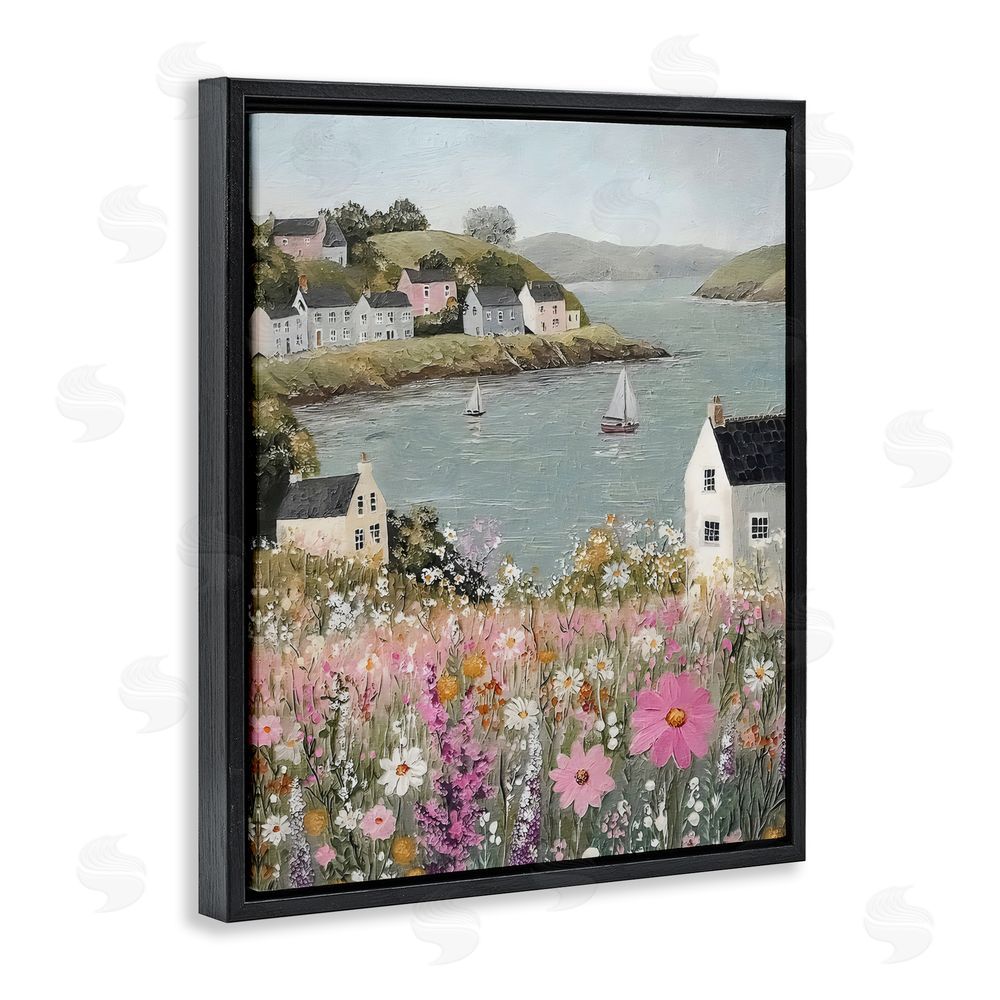 Riley B Seaside Cottages & Sailboats Black Floating Framed Canvas Wall Art Print