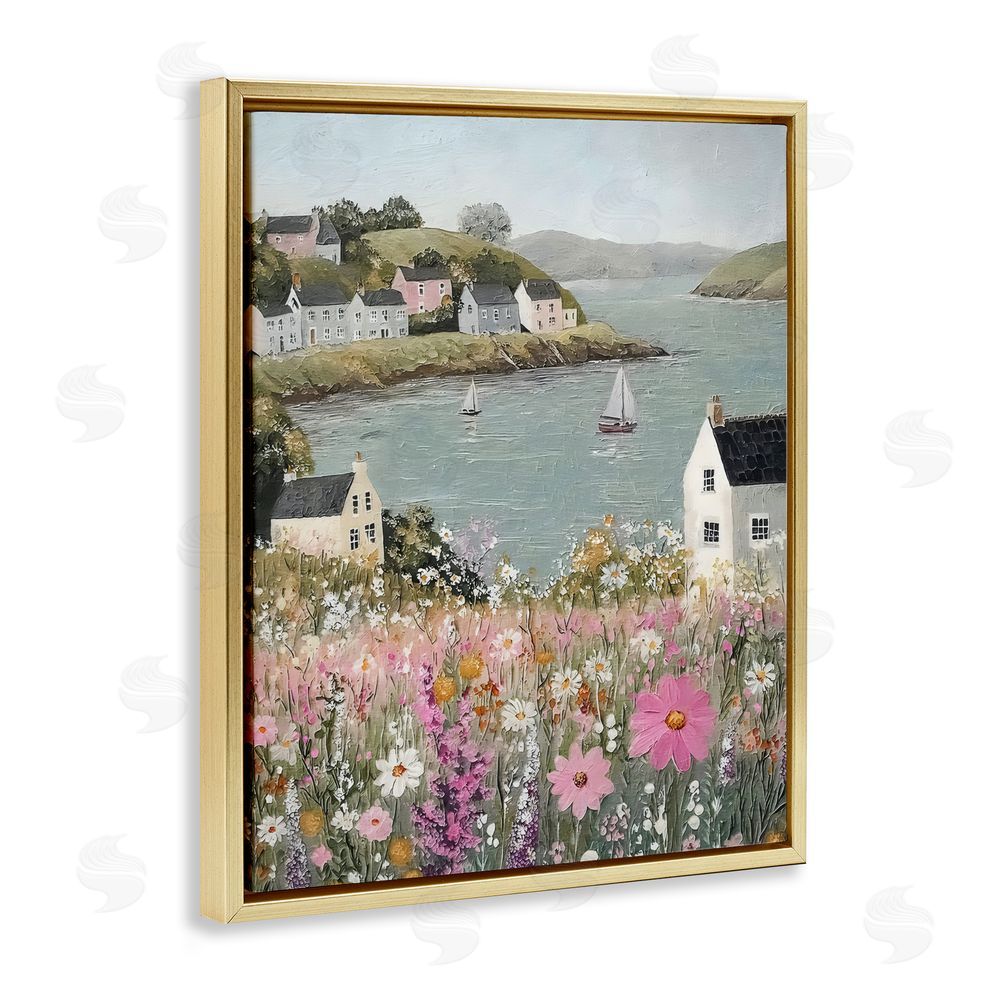 Riley B Seaside Cottages & Sailboats Gold Floating Framed Canvas Wall Art Print