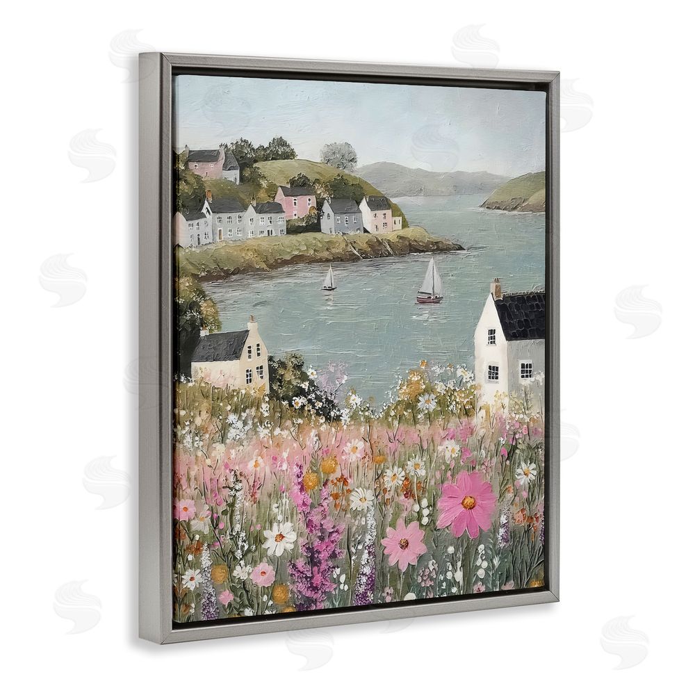 Riley B Seaside Cottages & Sailboats Gray Floating Framed Canvas Wall Art Print