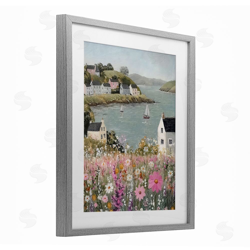 Riley B Seaside Cottages & Sailboats Gray Framed Print Under Glass with White Mat Wall Art